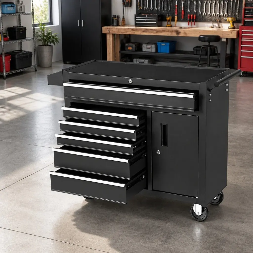 6 Drawer Tool Box Chest Cabinet Storage Trolley Garage Organiser with Wheels