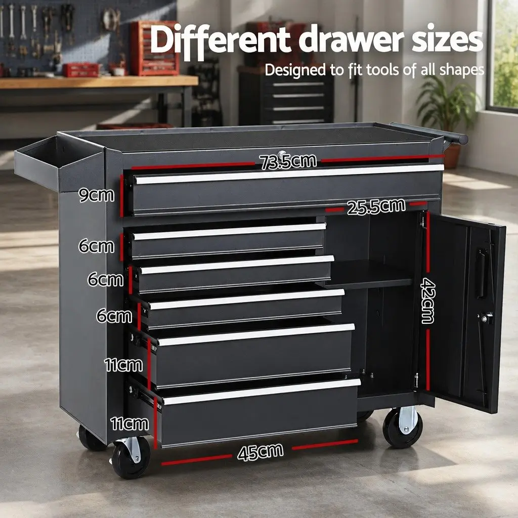 6 Drawer Tool Box Chest Cabinet Storage Trolley Garage Organiser with Wheels