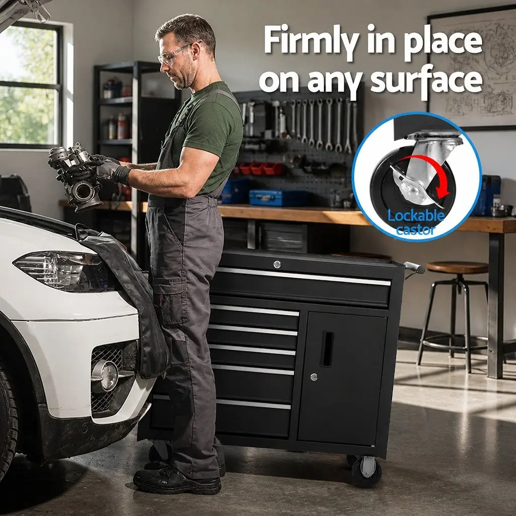 6 Drawer Tool Box Chest Cabinet Storage Trolley Garage Organiser with Wheels