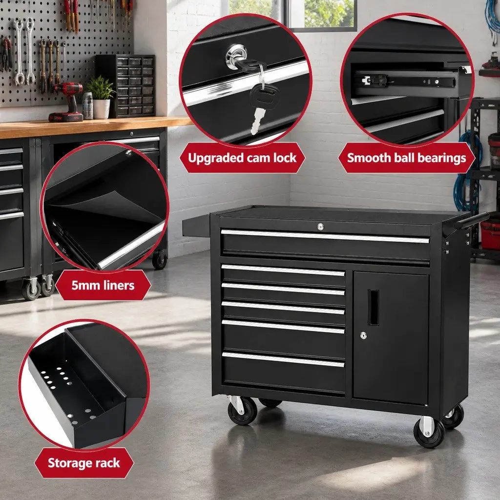 6 Drawer Tool Box Chest Cabinet Storage Trolley Garage Organiser with Wheels