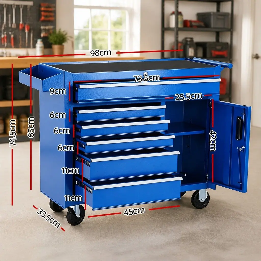 6 Drawer Tool Chest Trolley Storage Cabinet for Workshop Garage 98cm L x 33.5cm W x 74.5cm H