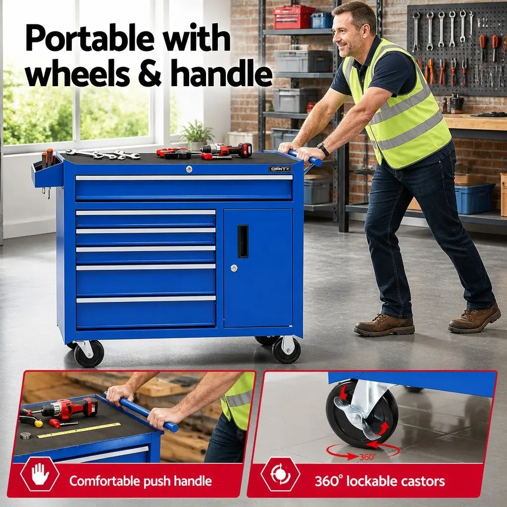6 Drawer Tool Chest Trolley Storage Cabinet for Workshop Garage 98cm L x 33.5cm W x 74.5cm H