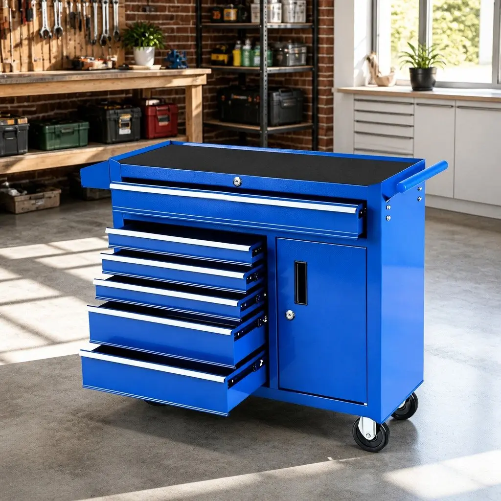 6 Drawer Tool Chest Trolley Storage Cabinet for Workshop Garage 98cm L x 33.5cm W x 74.5cm H