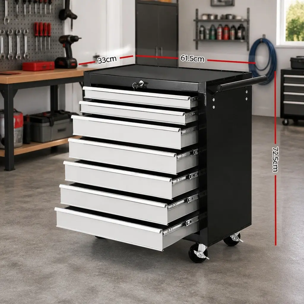 7 Drawer Tool Box Trolley Cabinet Storage Chest Workshop Garage Organizer Black