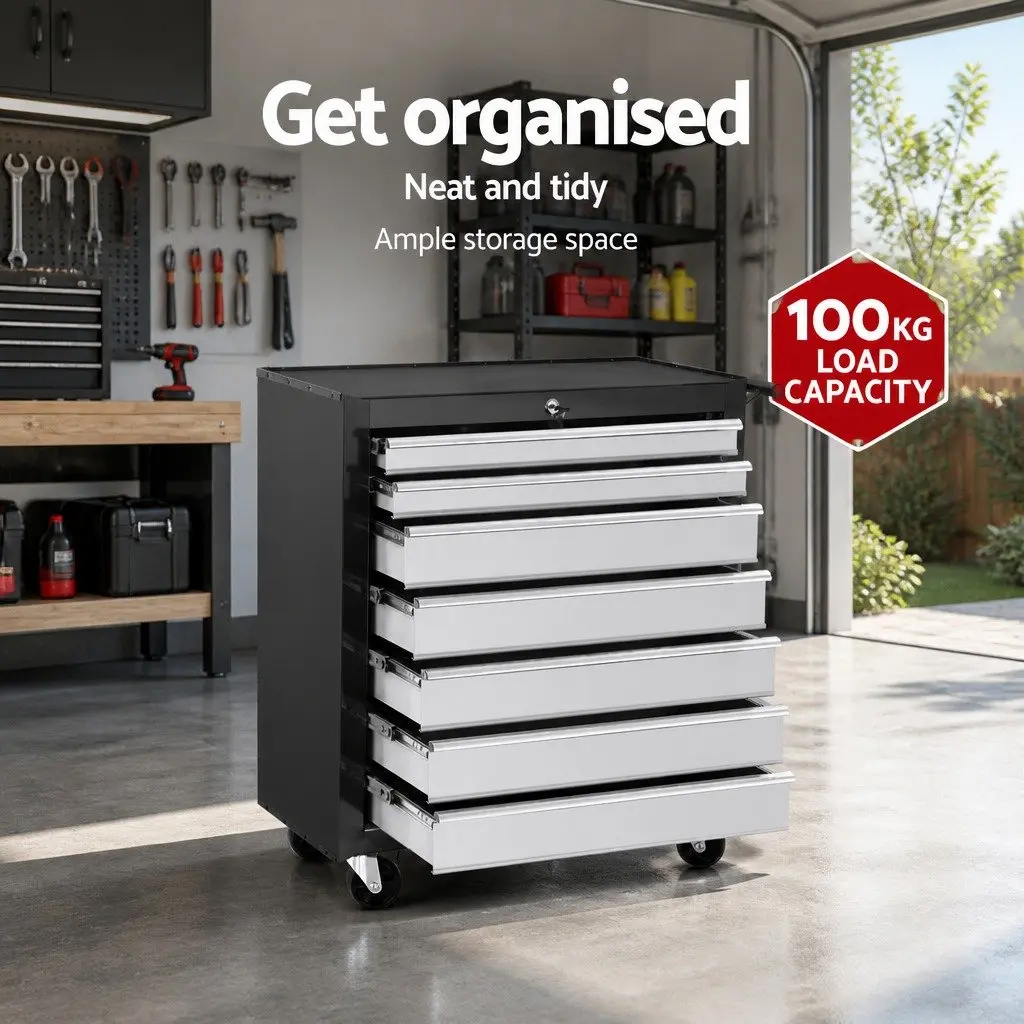 7 Drawer Tool Box Trolley Cabinet Storage Chest Workshop Garage Organizer Black