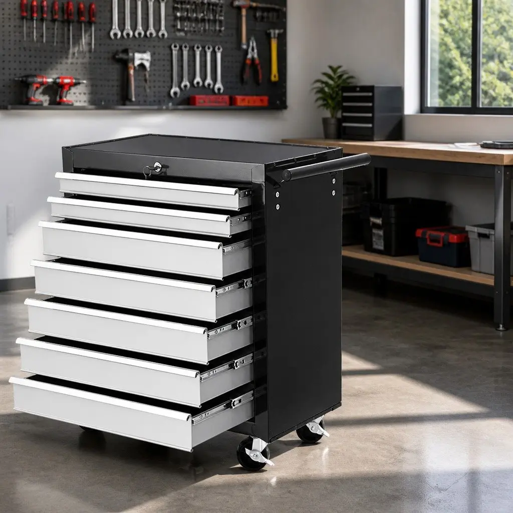 7 Drawer Tool Box Trolley Cabinet Storage Chest Workshop Garage Organizer Black