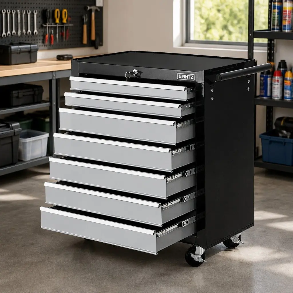 7 Drawer Tool Box Trolley Cabinet Storage Chest Workshop Garage Organizer Black