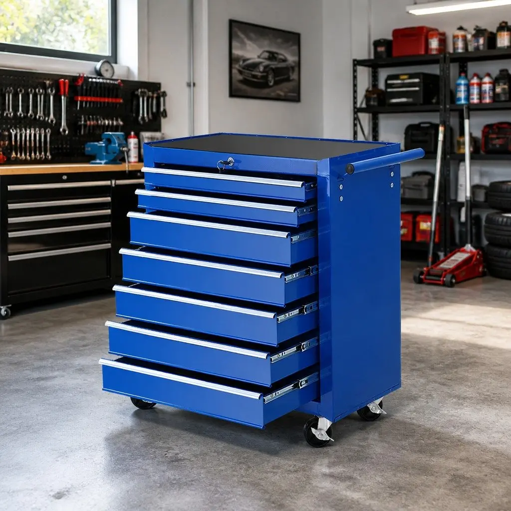 7 Drawer Tool Box Cabinet Chest Trolley Storage Garage Workshop Organizer Blue