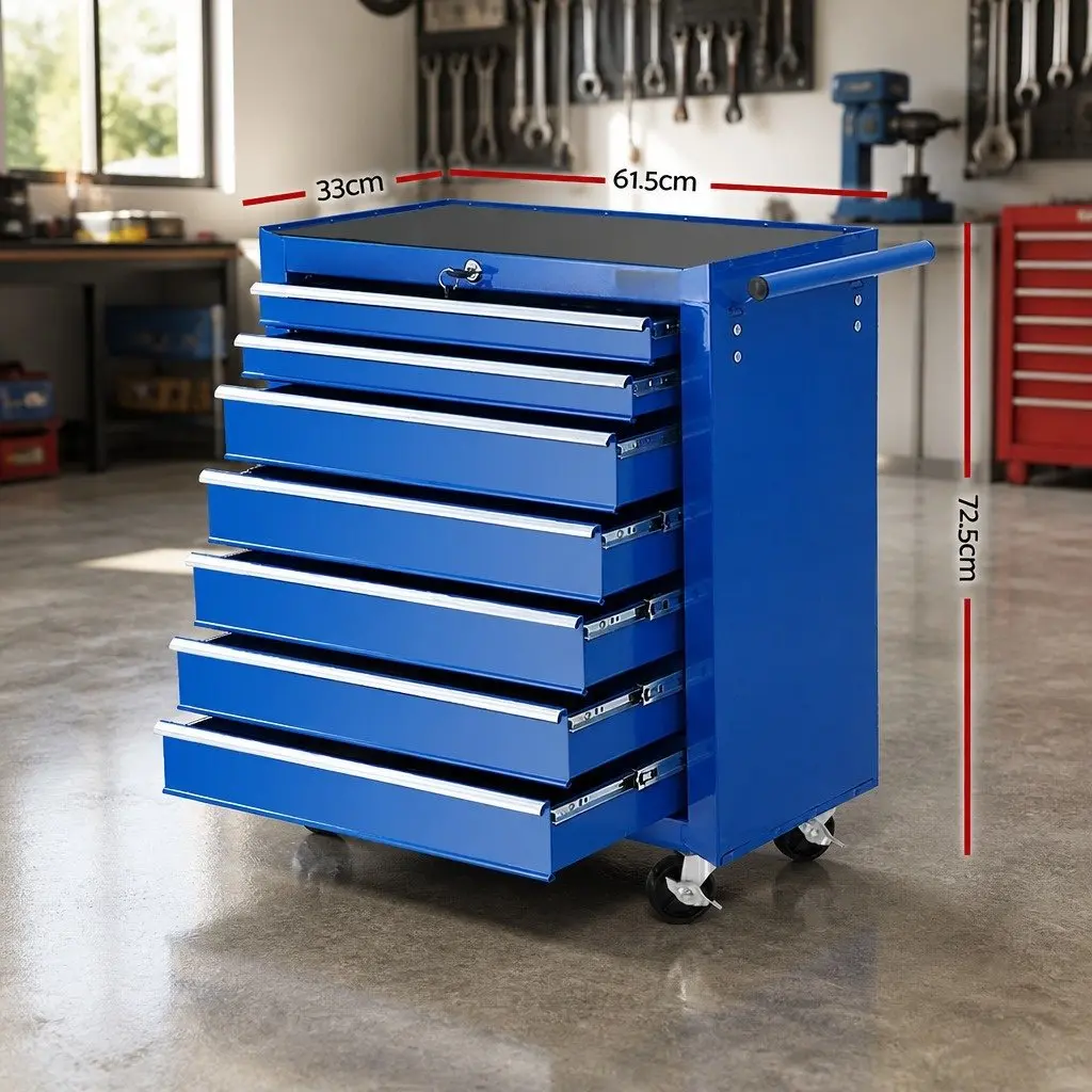 7 Drawer Tool Box Cabinet Chest Trolley Storage Garage Workshop Organizer Blue