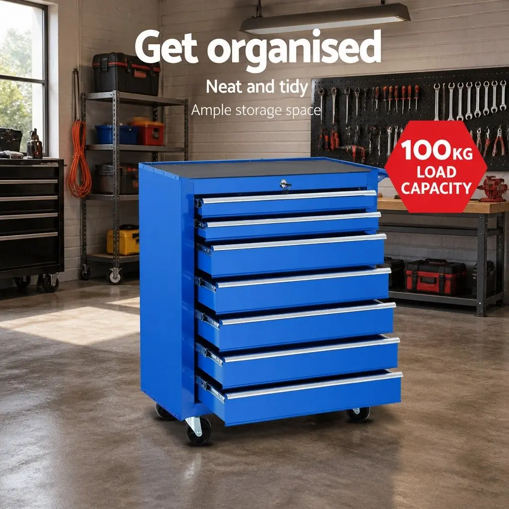 7 Drawer Tool Box Cabinet Chest Trolley Storage Garage Workshop Organizer Blue