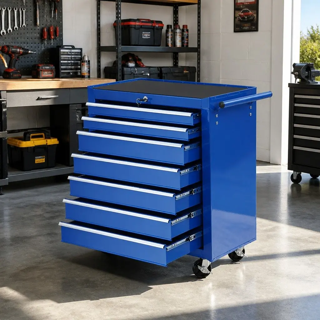 7 Drawer Tool Box Cabinet Chest Trolley Storage Garage Workshop Organizer Blue