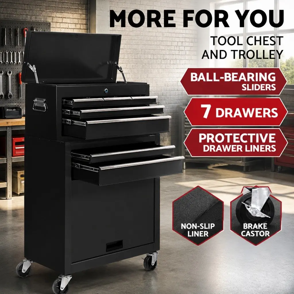 Tool Cabinet for Garage Workshop 7 Drawer Mobile Trolley Black