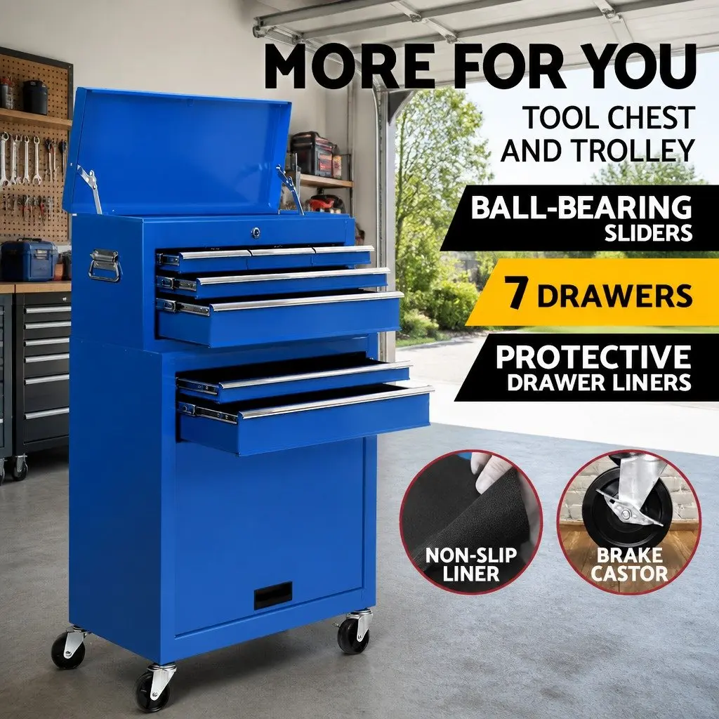 7 Drawer Tool Box Cabinet Chest Trolley Storage Garage Workshop Organizer Blue