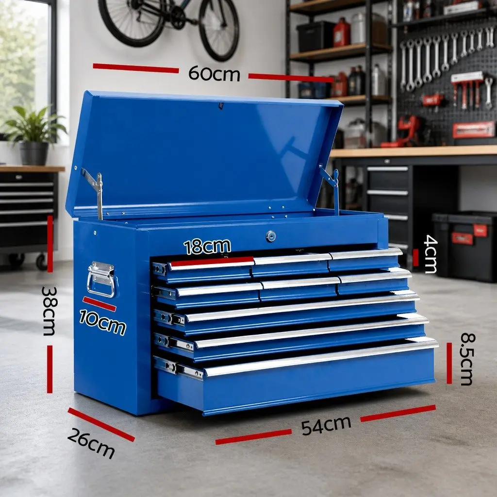 9 Drawer Tool Box Cabinet Chest Storage Organiser Garage Workshop Blue Steel