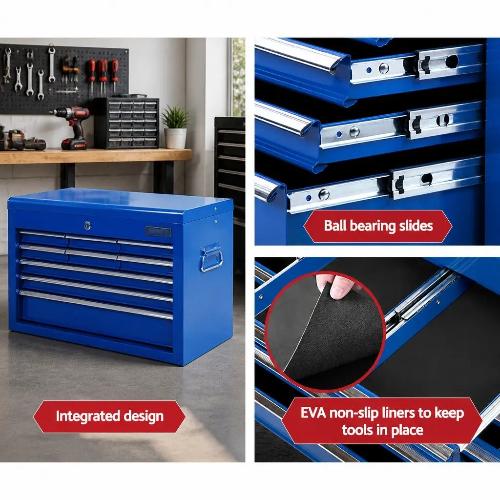 9 Drawer Tool Box Cabinet Chest Storage Organiser Garage Workshop Blue Steel