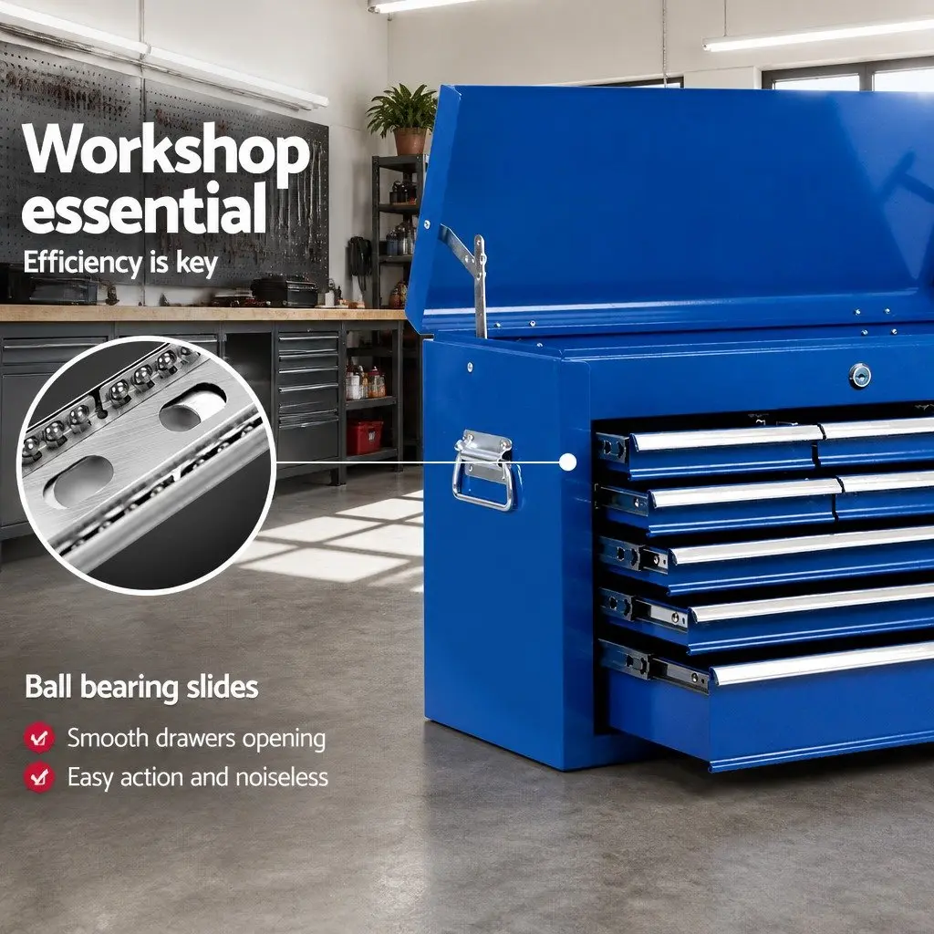 9 Drawer Tool Box Cabinet Chest Storage Organiser Garage Workshop Blue Steel