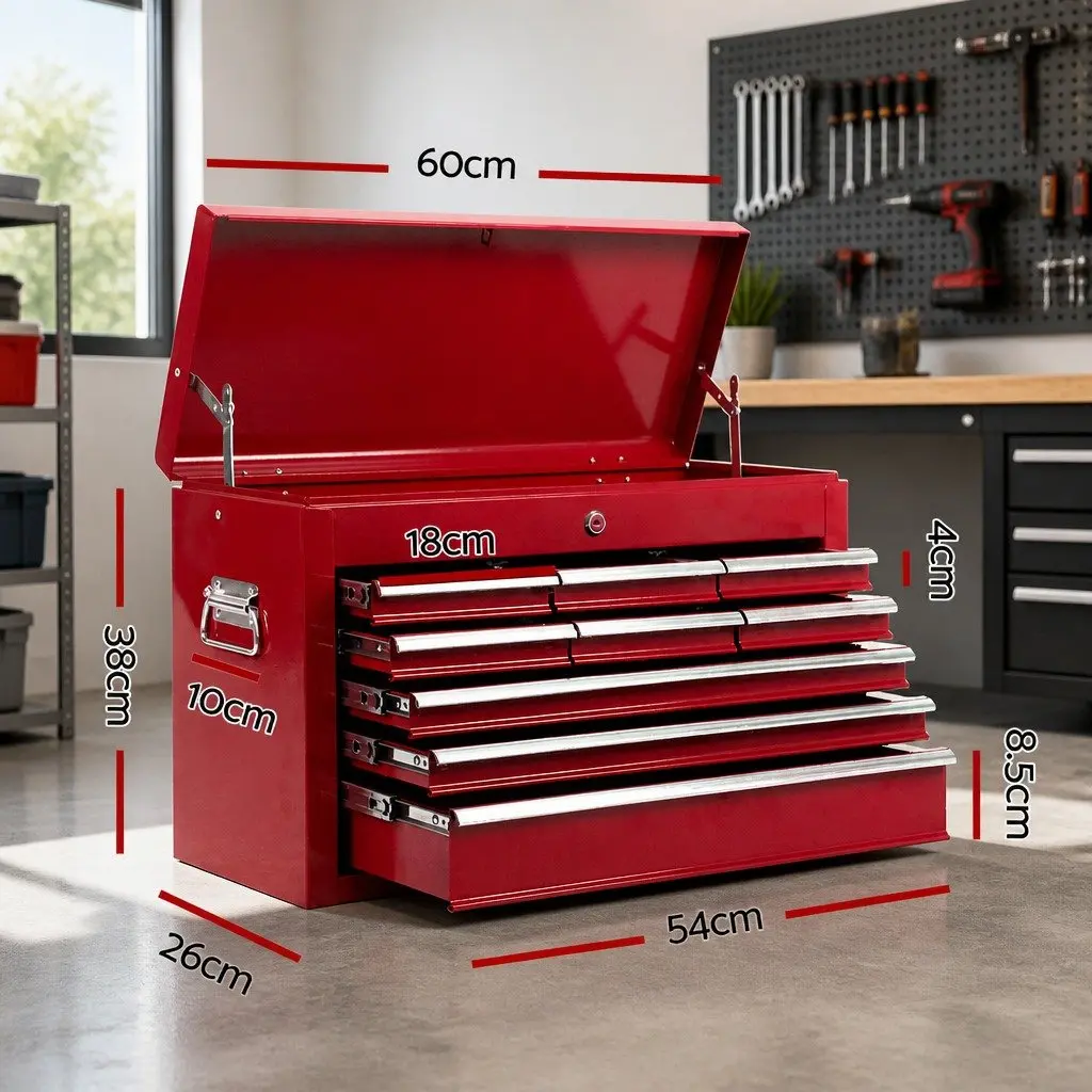 9 Drawer Tool Box Cabinet Chest Storage Organiser Garage Workshop Red Steel