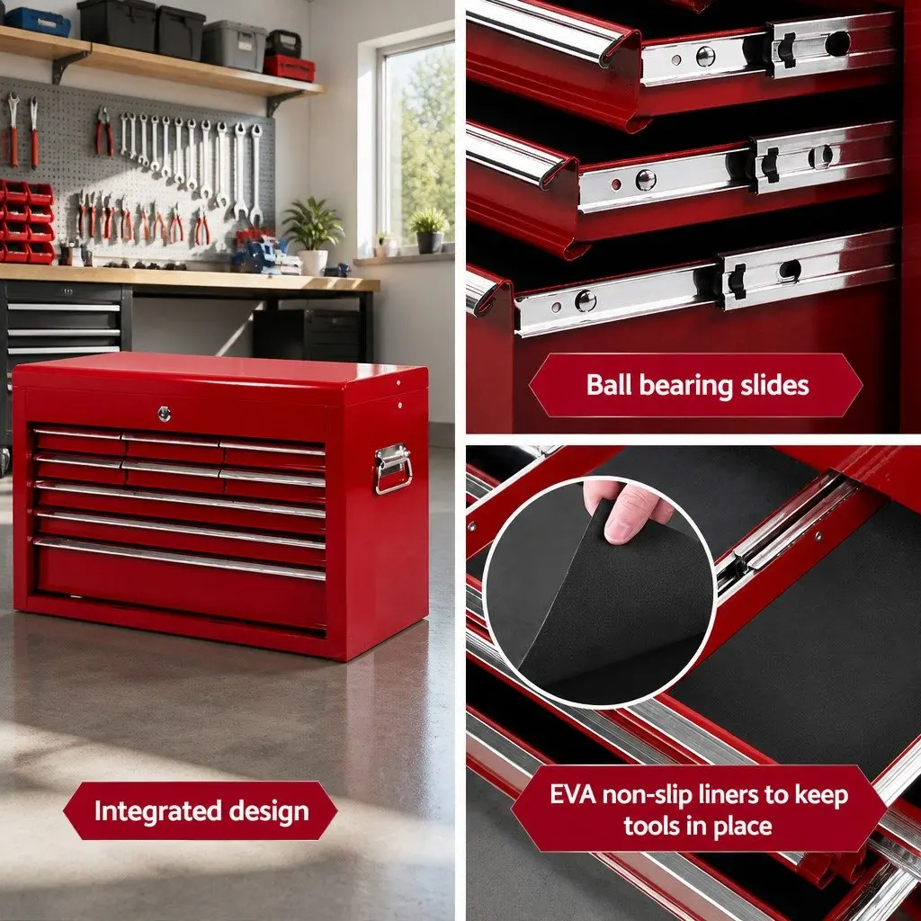 9 Drawer Tool Box Cabinet Chest Storage Organiser Garage Workshop Red Steel