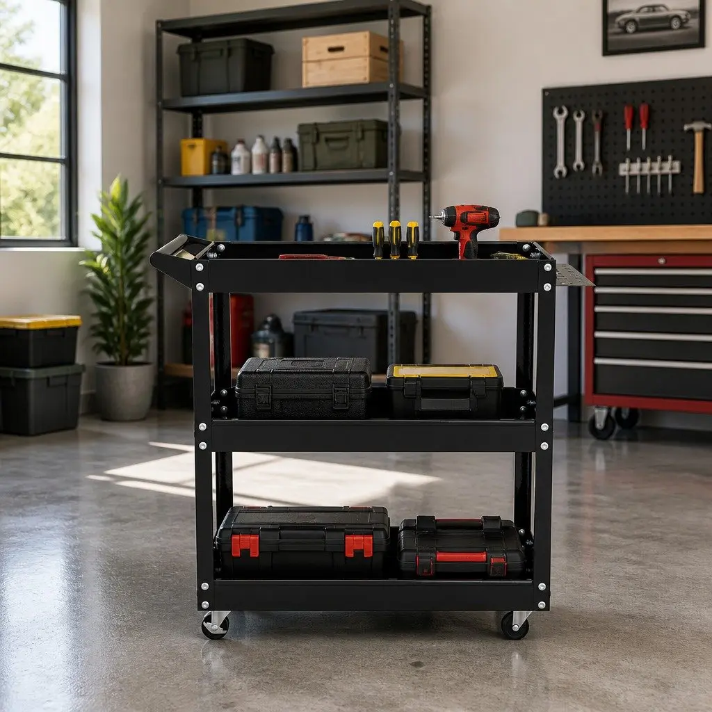 3-Tier Tool Cart Trolley Workshop Garage Storage Organizer with Lockable Wheels