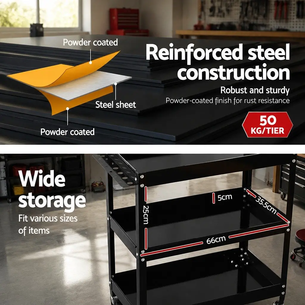 3-Tier Tool Cart Trolley Workshop Garage Storage Organizer with Lockable Wheels