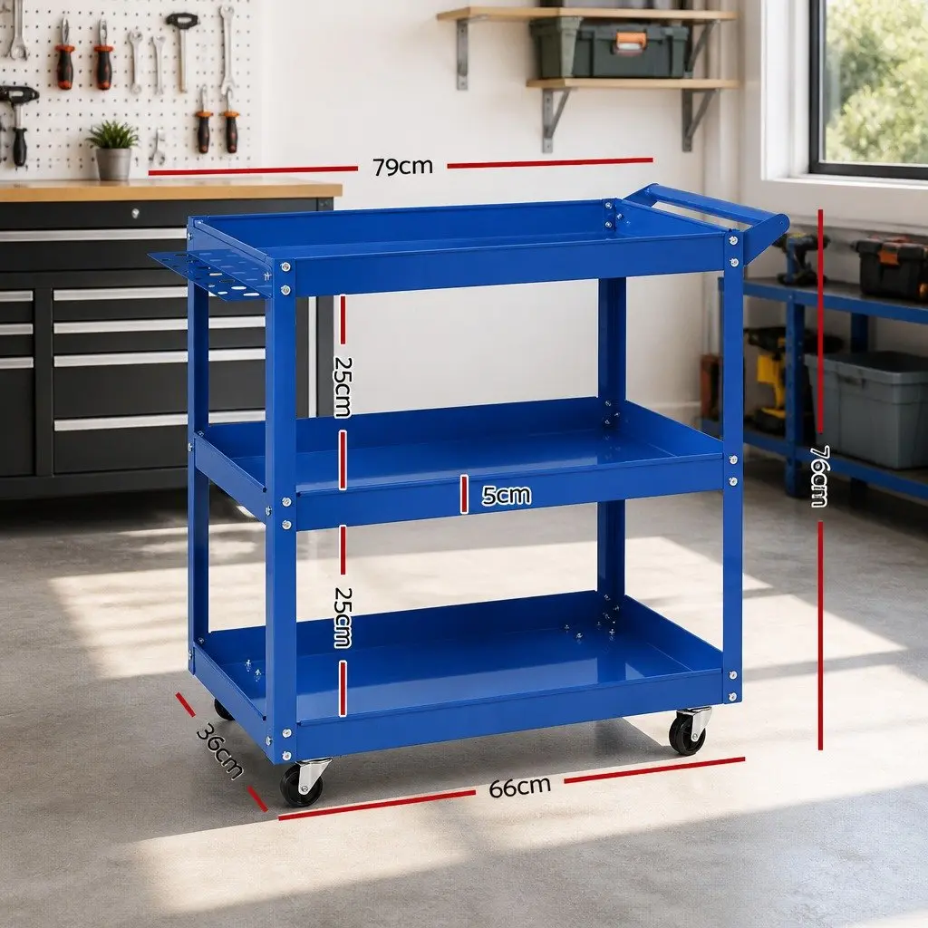 Tool Cart Trolley 3-Tier Workshop Storage Organizer Garage Mobile Unit Blue