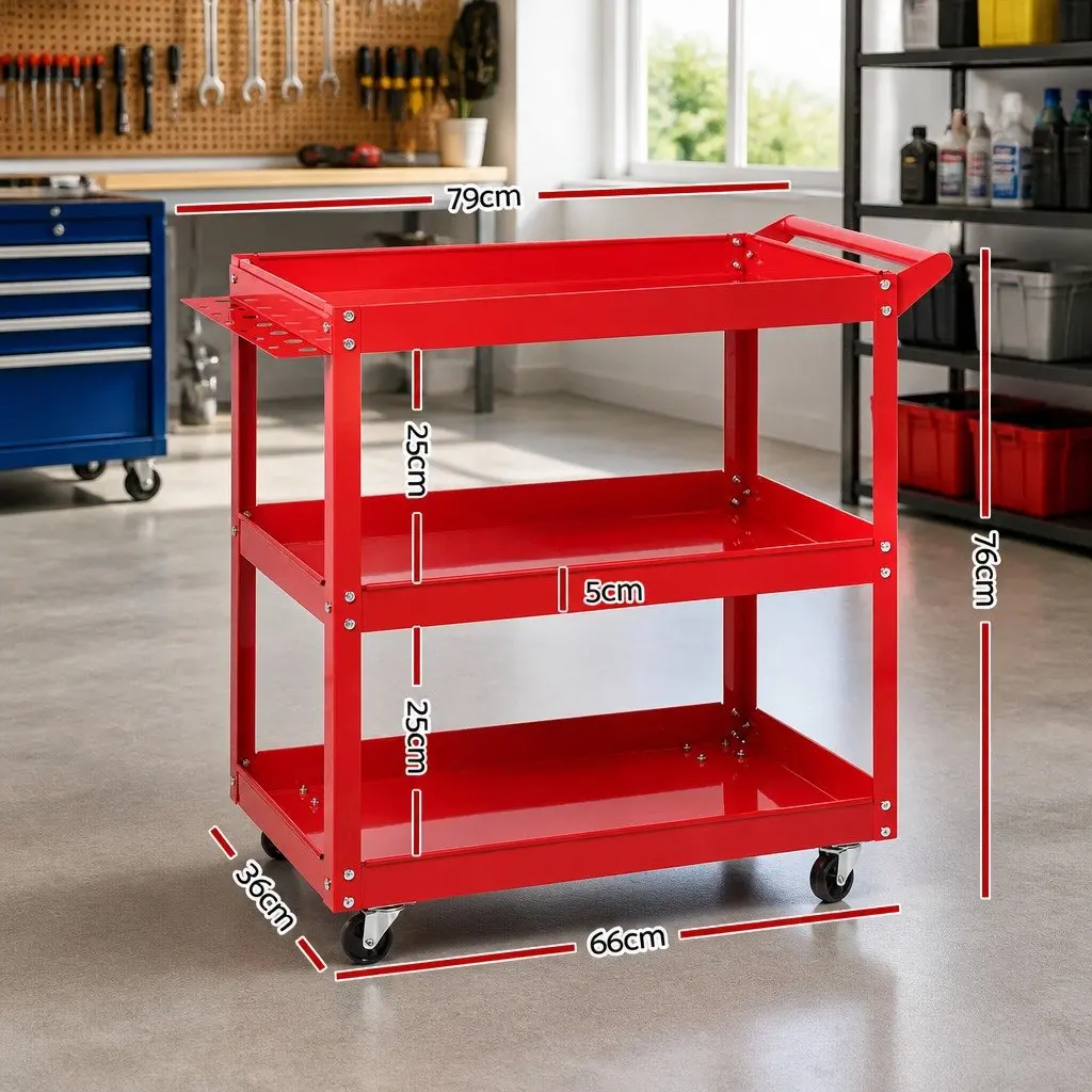 3-Tier Tool Cart Trolley Workshop Garage Storage Organizer Red Castors