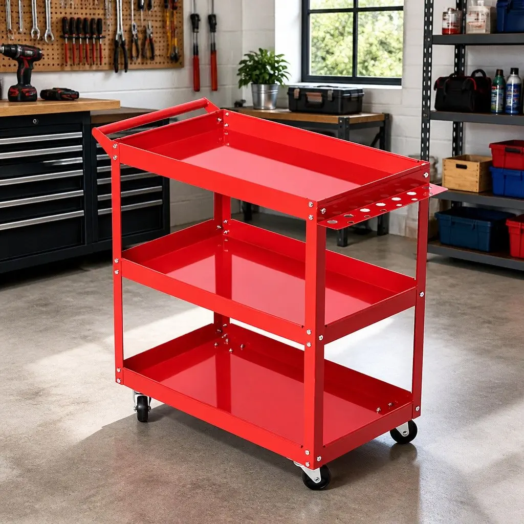 3-Tier Tool Cart Trolley Workshop Garage Storage Organizer Red Castors