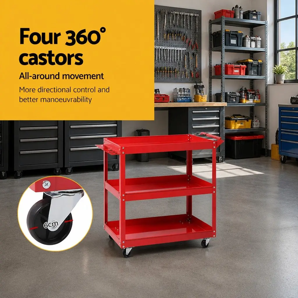 3-Tier Tool Cart Trolley Workshop Garage Storage Organizer Red Castors