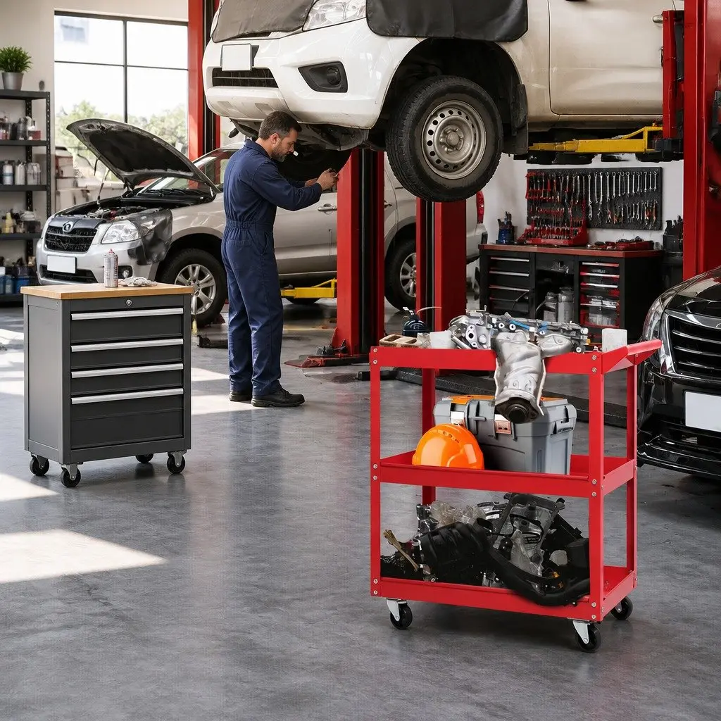 3-Tier Tool Cart Trolley Workshop Garage Storage Organizer Red Castors