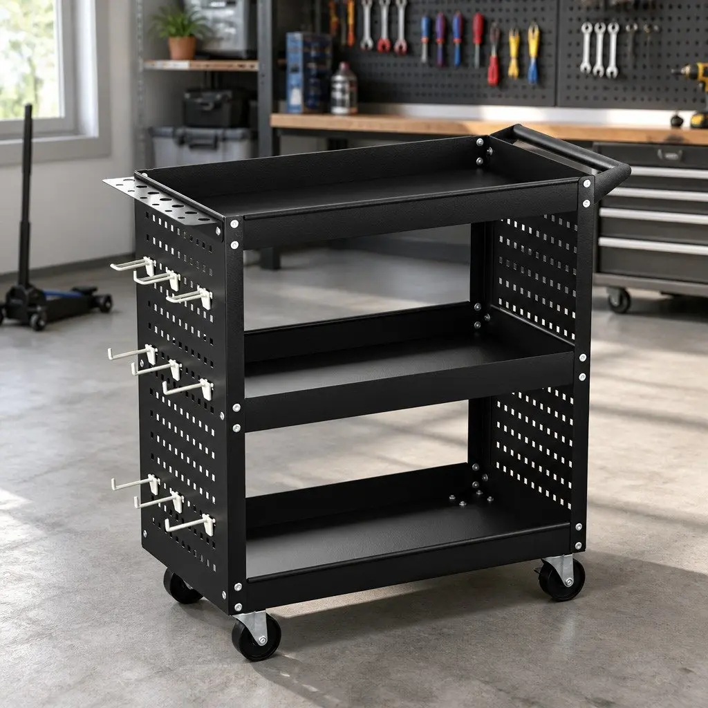 3-Tier Tool Cart Storage Trolley Workshop Garage Pegboard Hooks Casters Black