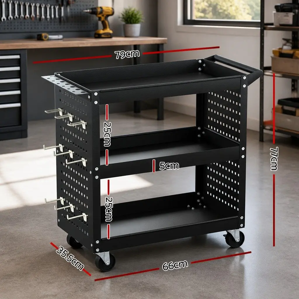3-Tier Tool Cart Storage Trolley Workshop Garage Pegboard Hooks Casters Black