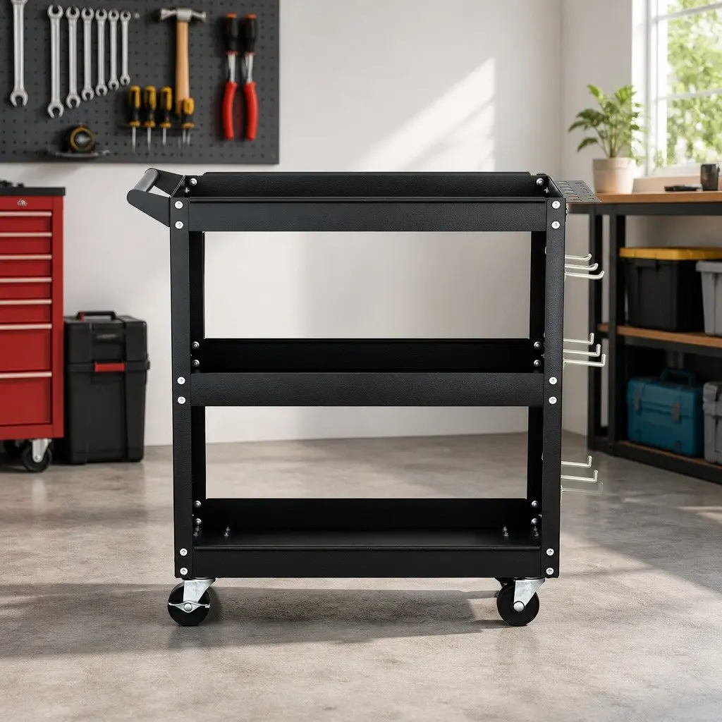 3-Tier Tool Cart Storage Trolley Workshop Garage Pegboard Hooks Casters Black