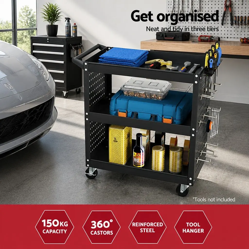 3-Tier Tool Cart Storage Trolley Workshop Garage Pegboard Hooks Casters Black