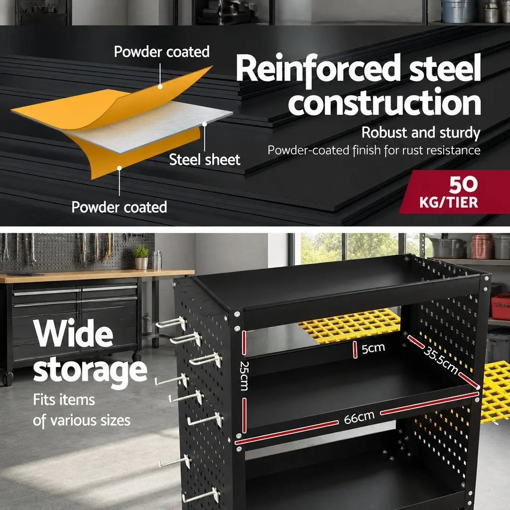 3-Tier Tool Cart Storage Trolley Workshop Garage Pegboard Hooks Casters Black
