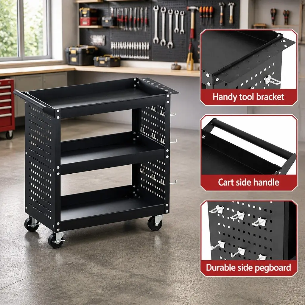 3-Tier Tool Cart Storage Trolley Workshop Garage Pegboard Hooks Casters Black
