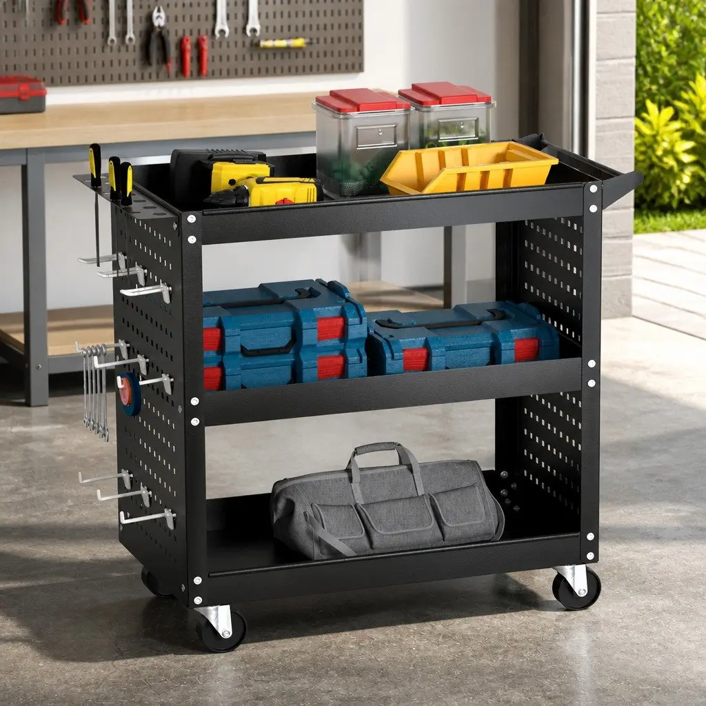 3-Tier Tool Cart Storage Trolley Workshop Garage Pegboard Hooks Casters Black