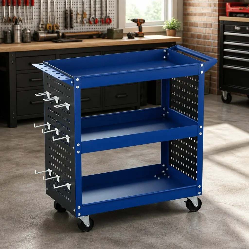 3-Tier Tool Cart Storage Trolley Workshop Garage Blue