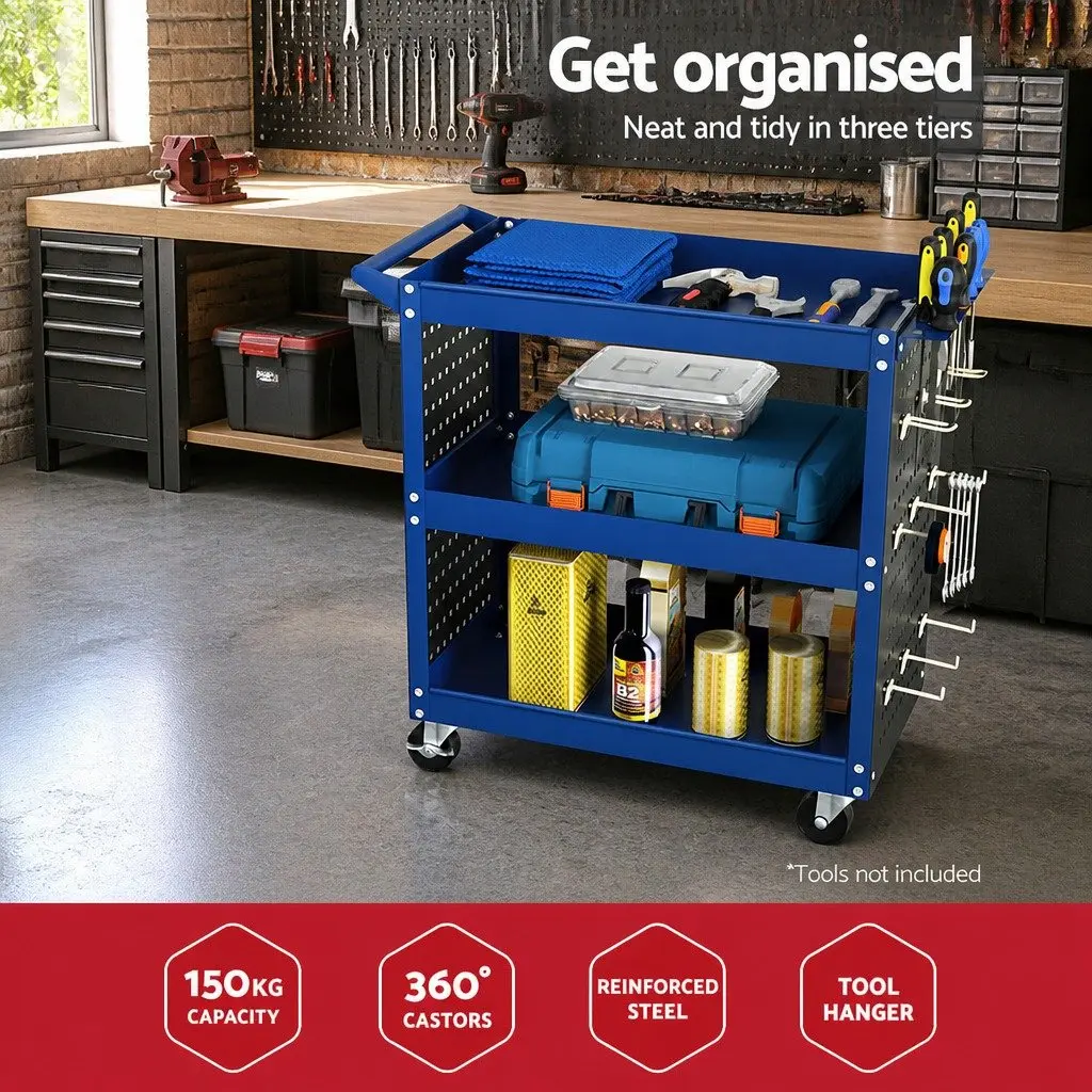 3-Tier Tool Cart Storage Trolley Workshop Garage Blue