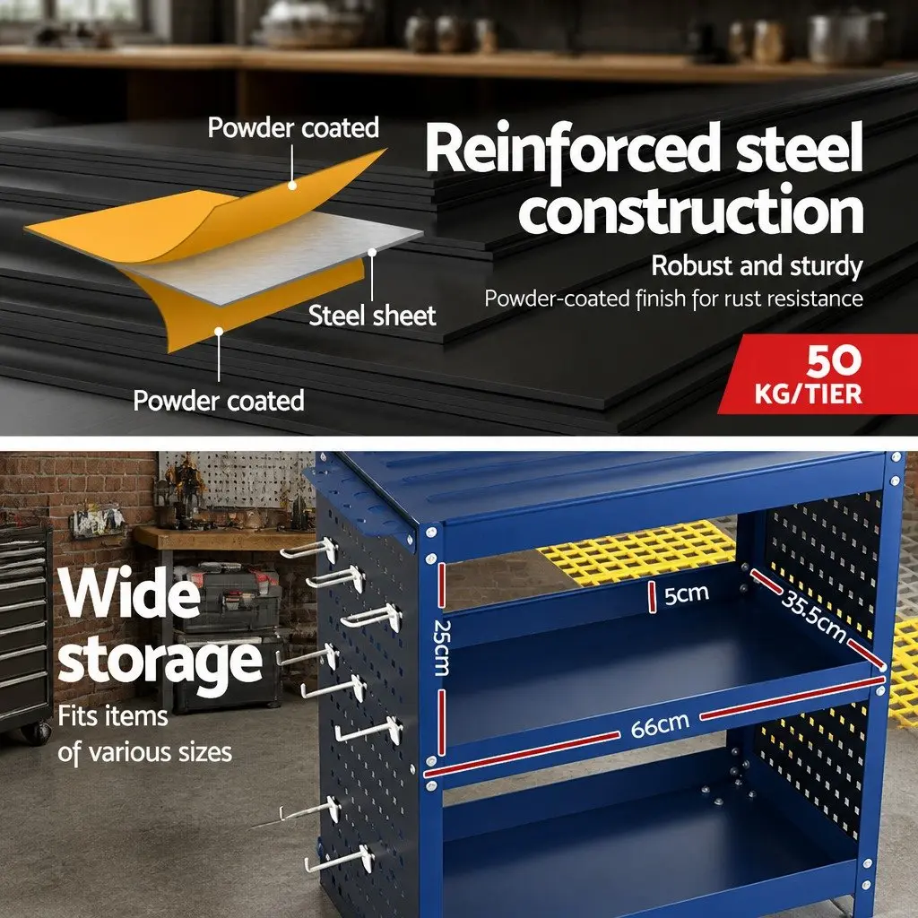 3-Tier Tool Cart Storage Trolley Workshop Garage Blue