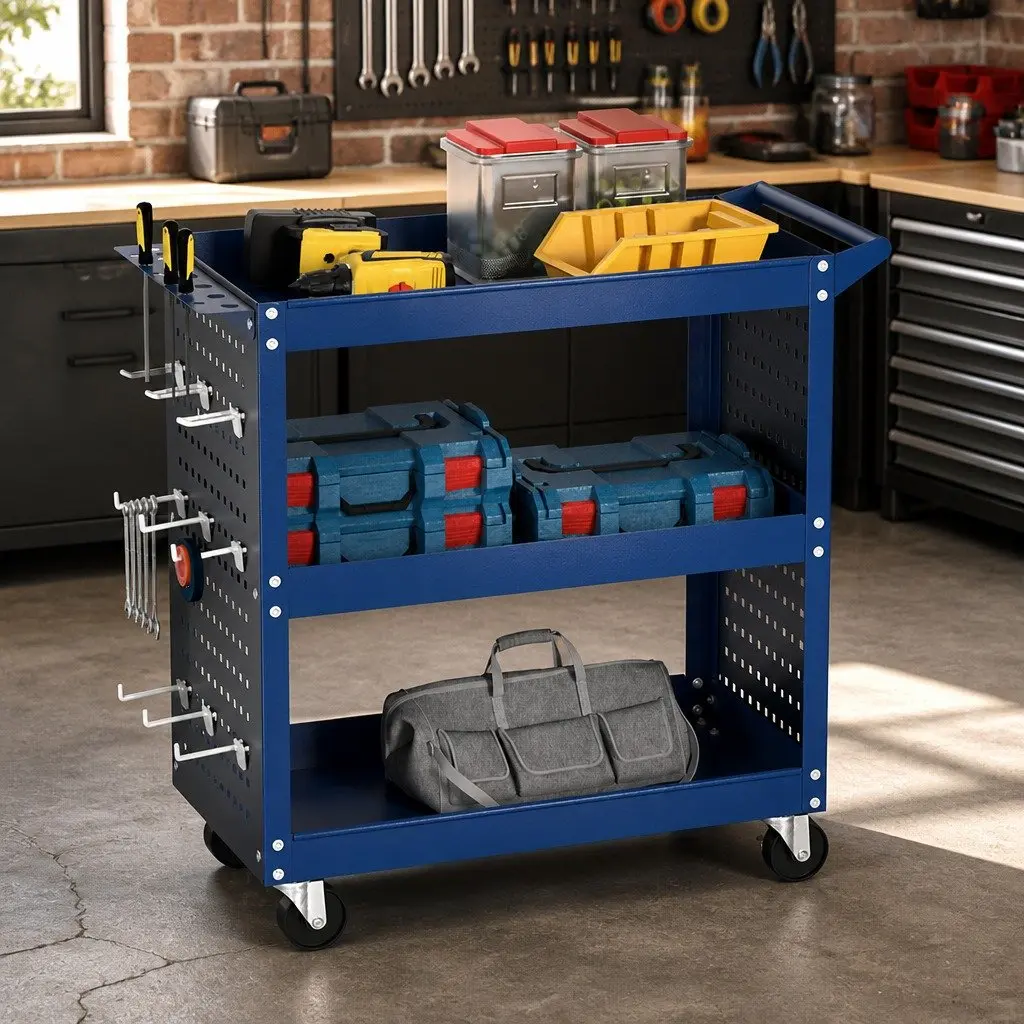 3-Tier Tool Cart Storage Trolley Workshop Garage Blue