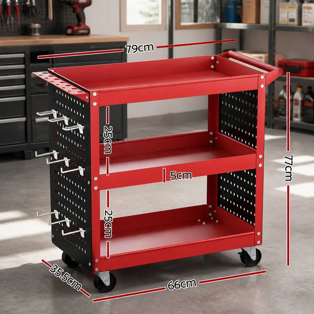 3-Tier Tool Cart Storage Trolley Workshop Garage Red 79cm x 35.5cm x 77cm