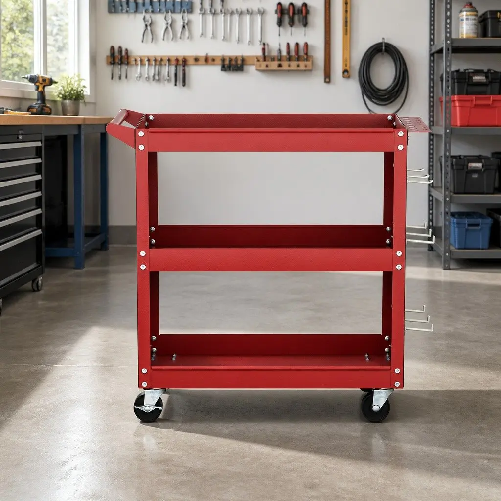3-Tier Tool Cart Storage Trolley Workshop Garage Red 79cm x 35.5cm x 77cm