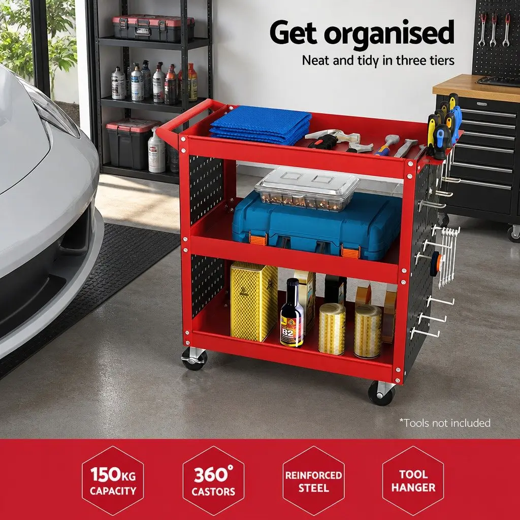 3-Tier Tool Cart Storage Trolley Workshop Garage Red 79cm x 35.5cm x 77cm