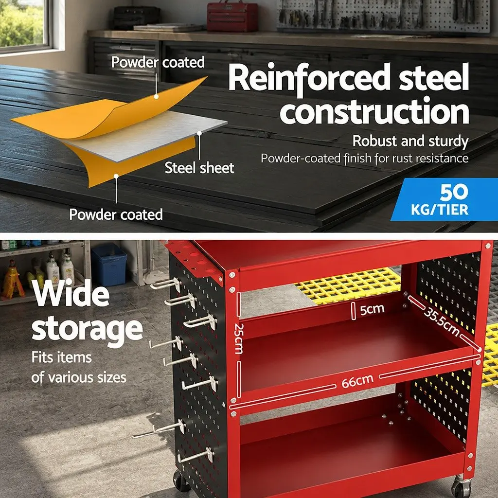 3-Tier Tool Cart Storage Trolley Workshop Garage Red 79cm x 35.5cm x 77cm