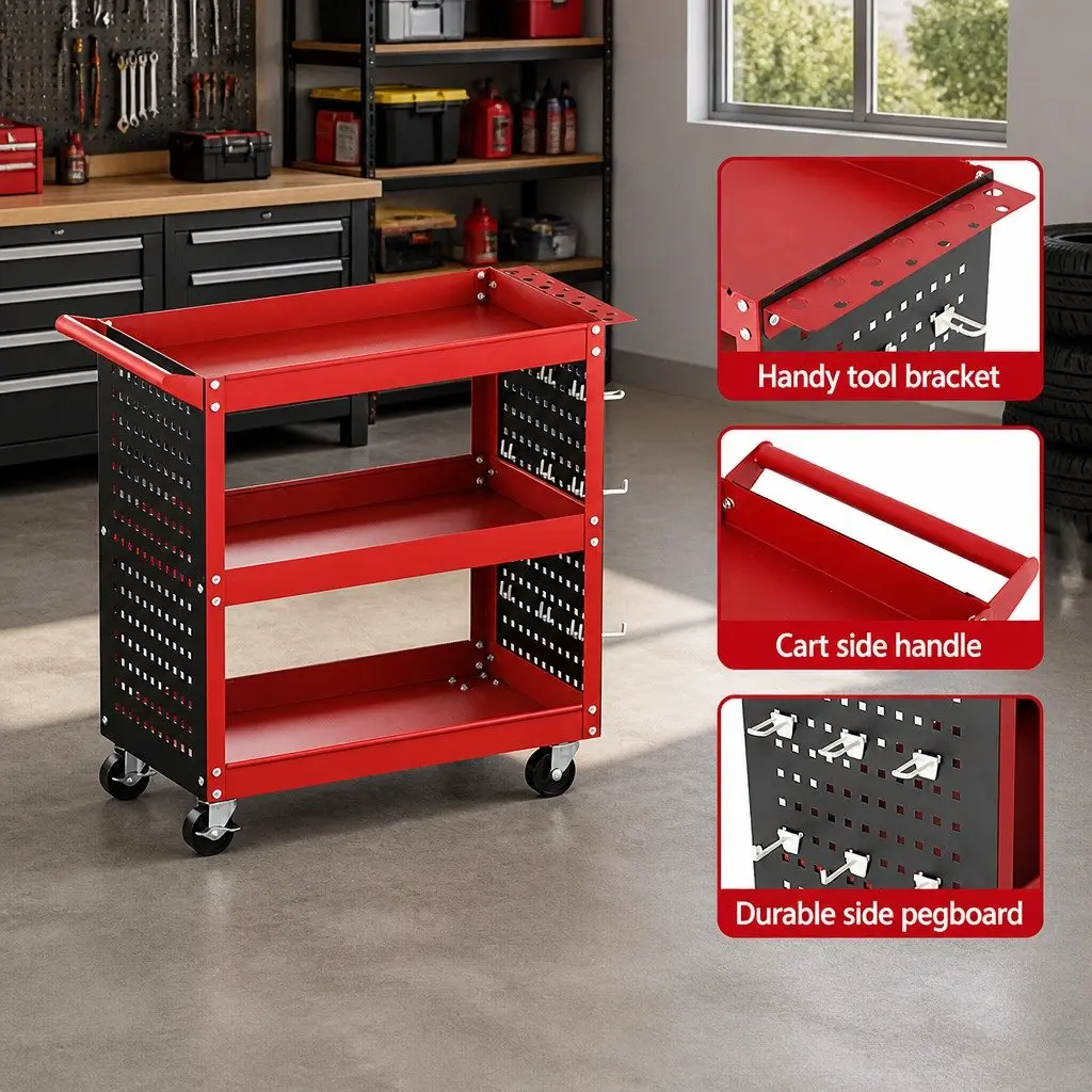 3-Tier Tool Cart Storage Trolley Workshop Garage Red 79cm x 35.5cm x 77cm
