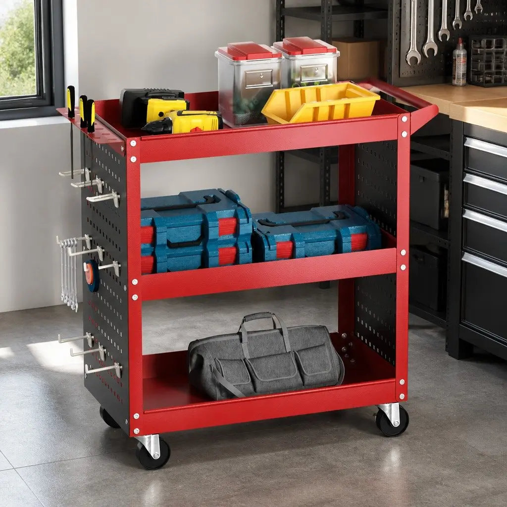 3-Tier Tool Cart Storage Trolley Workshop Garage Red 79cm x 35.5cm x 77cm