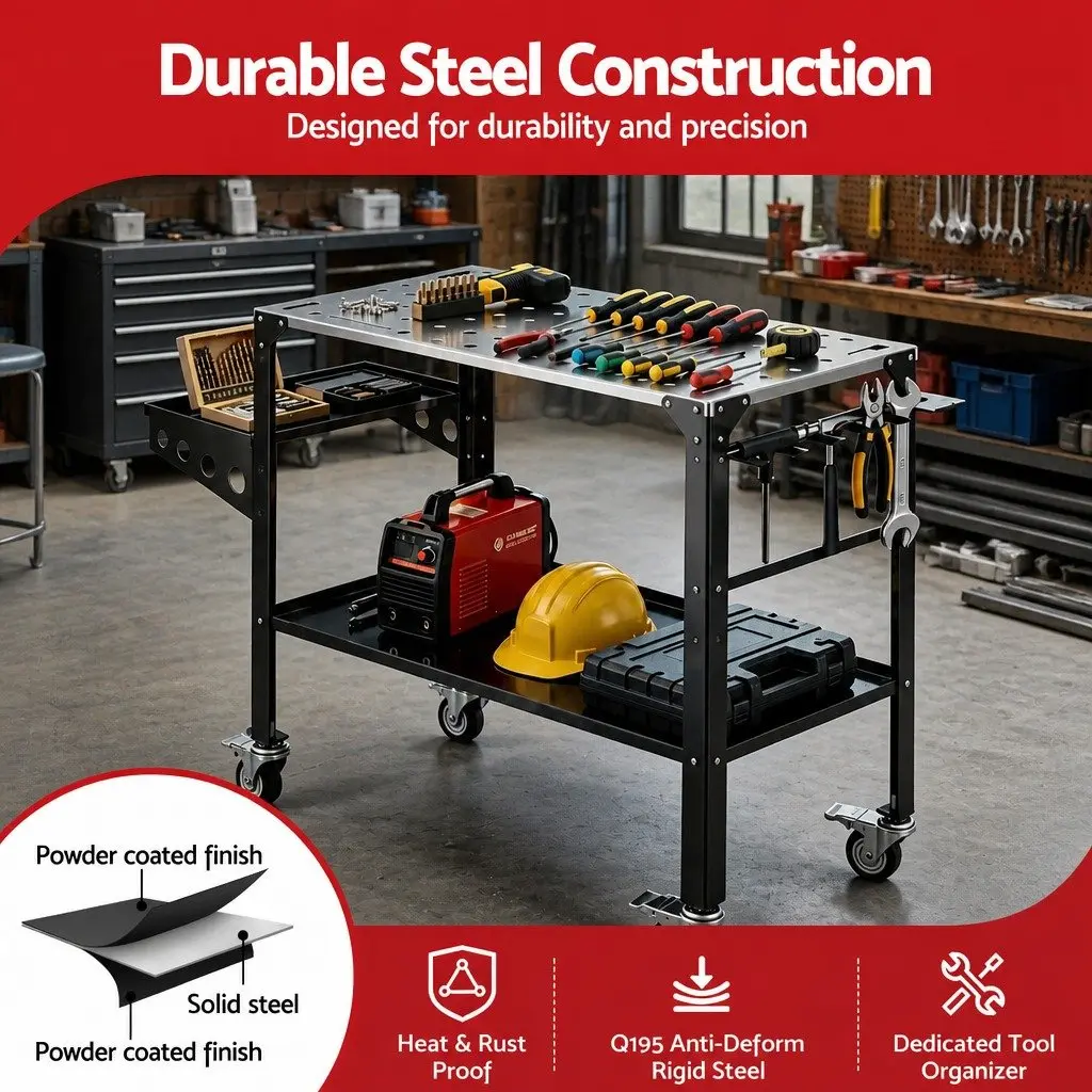 Welding Table Cart Mobile Workstation 130KG Capacity for Metalworking and Auto Repair 128 x 46 x 88 cm