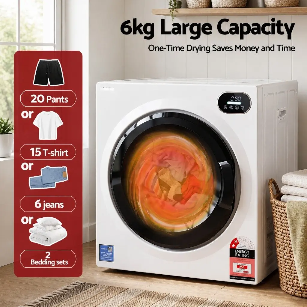 6kg Tumble Dryer Touch Screen Clothes Dryer Stainless Steel Drum 4 Drying Modes