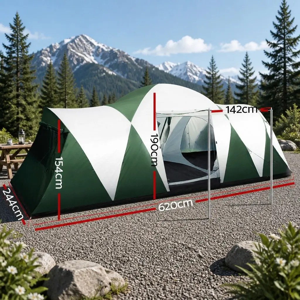 12 Person Dome Camping Tent 3 Room Family Hiking Beach Outdoor Green Shelter