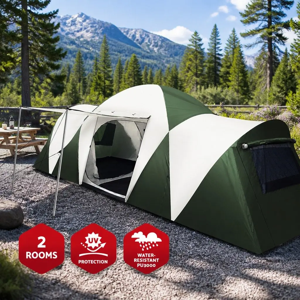 12 Person Dome Camping Tent 3 Room Family Hiking Beach Outdoor Green Shelter